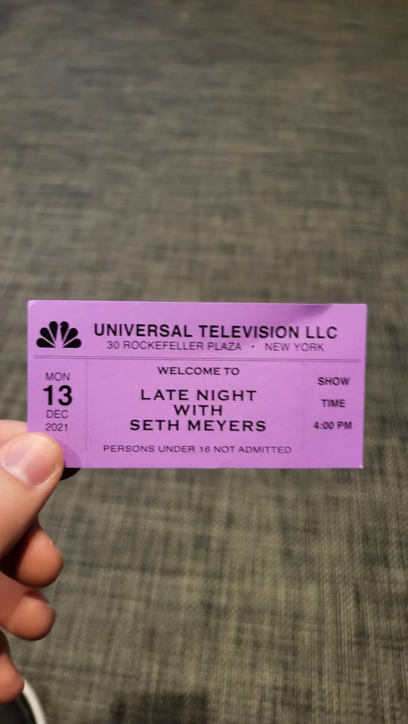 ticket and NBC sign for Late Night with Seth Meyers show